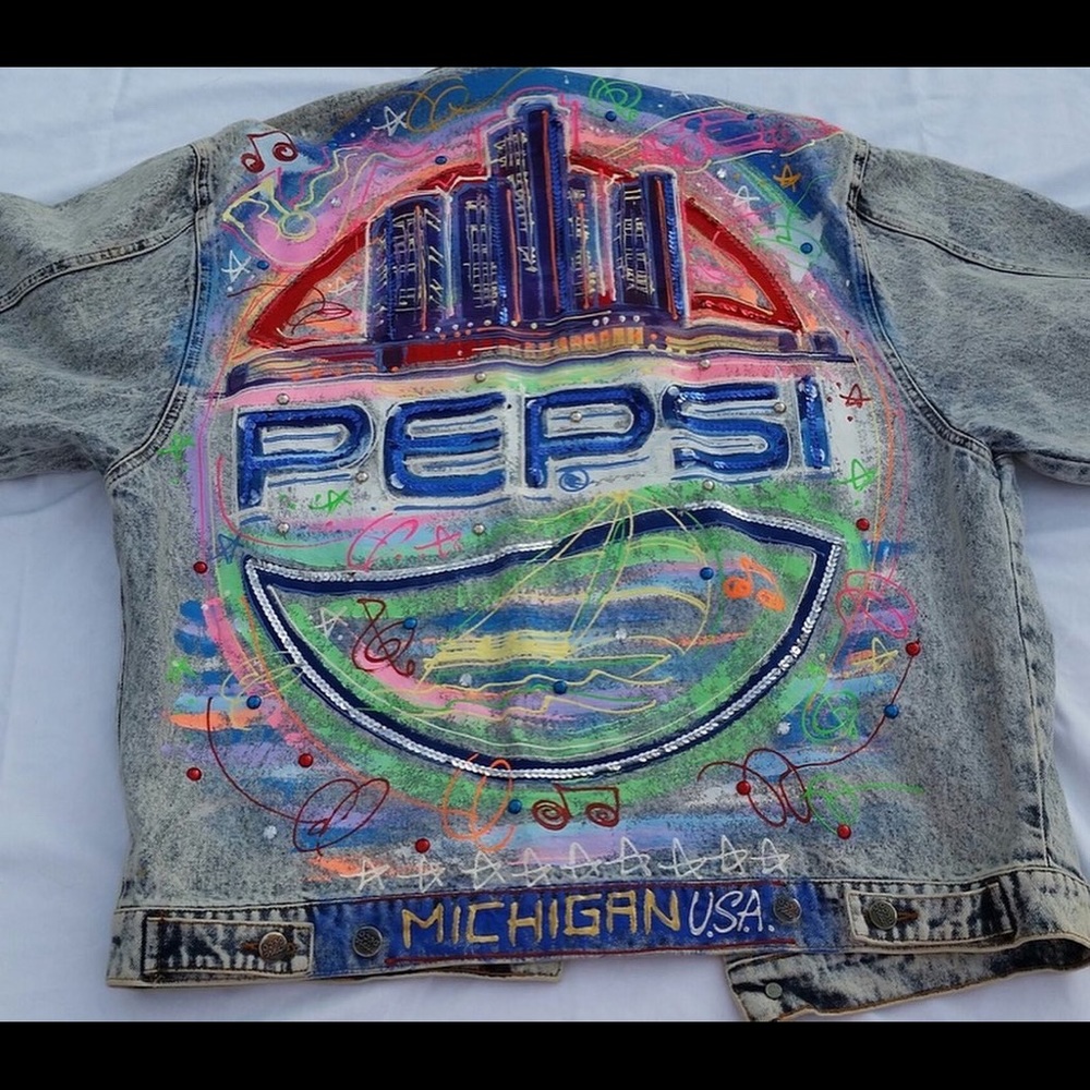 NOTFORSALE(vintage hand painted pepsi motown detroit michigan denim jacket)